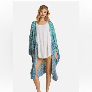 Umgee Turquoise Floral Mixed Prints Kimono Cardigan